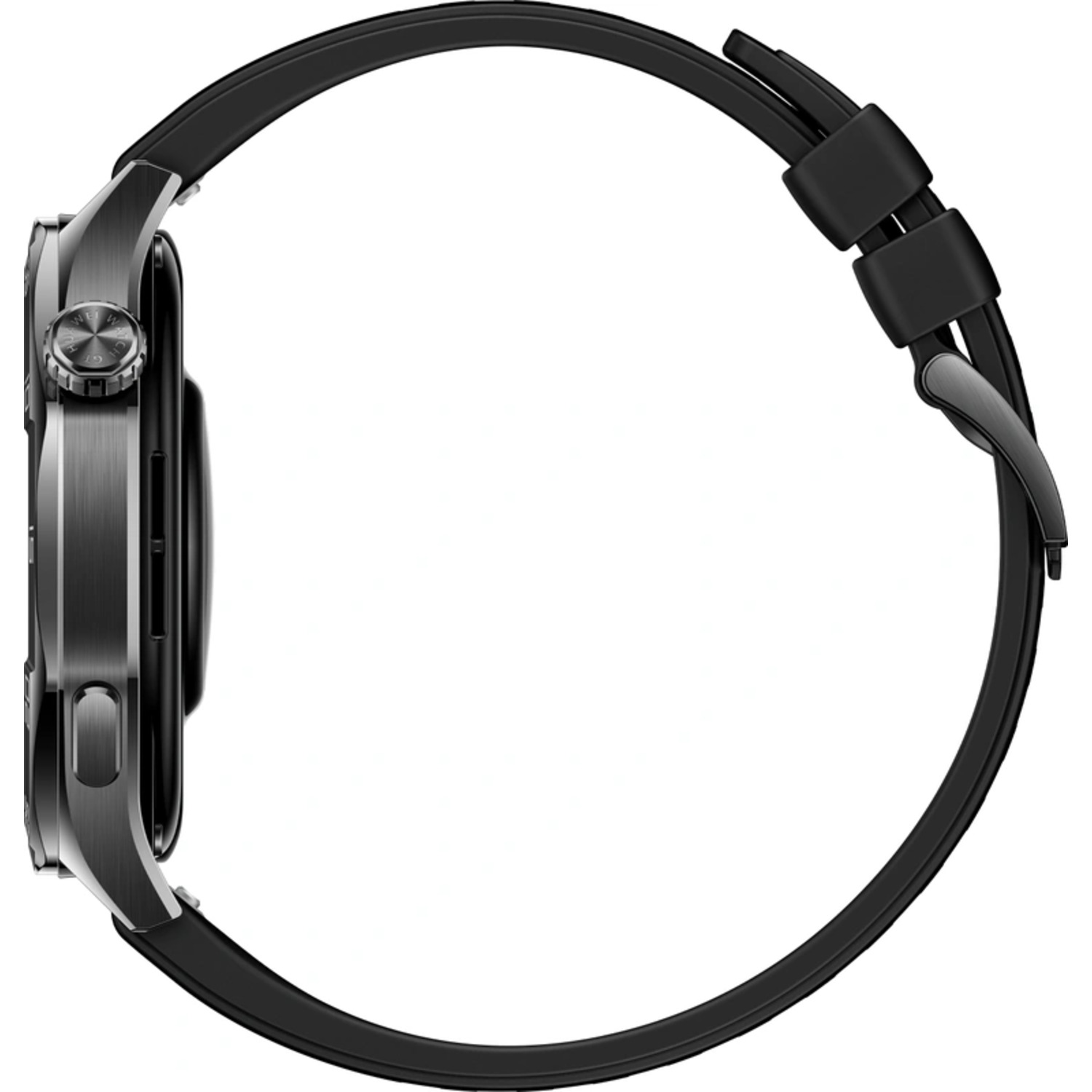 Une montre noire sur fond blanc. La montre est vue de côté, montrant le bracelet.