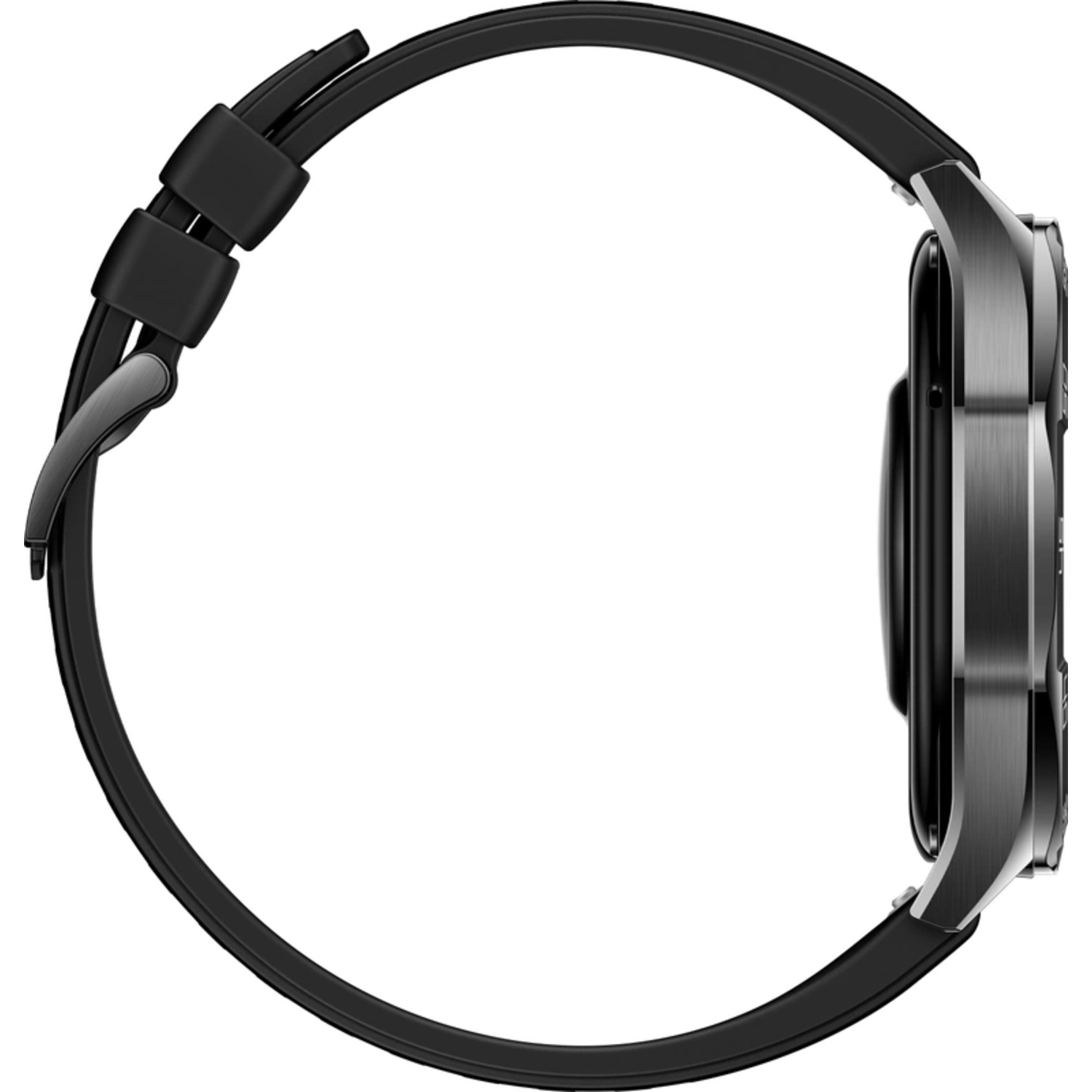 Montre connectée noire avec bracelet noir, vue de côté. Le cadran est également noir.