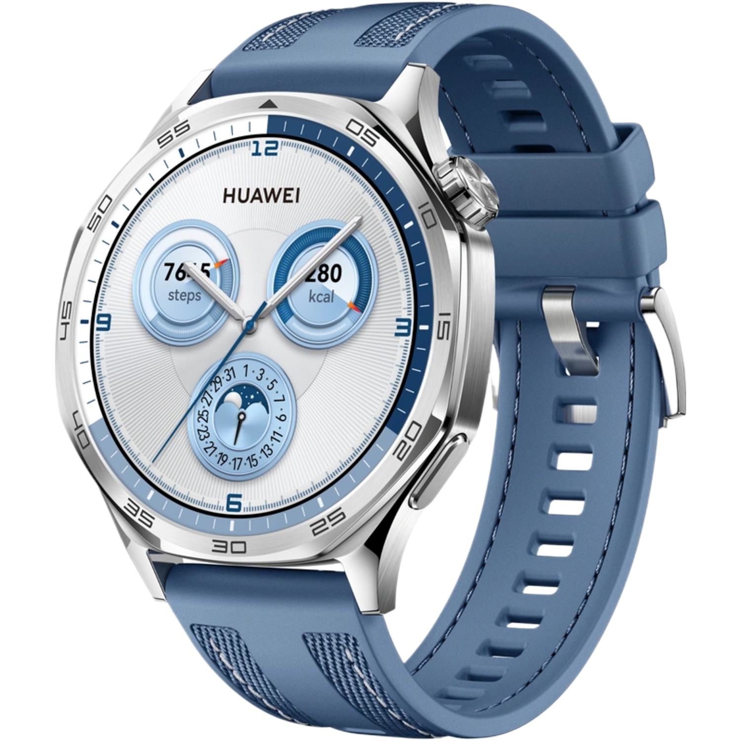 Montre connectée HUAWEI avec un bracelet bleu. Le cadran affiche les chiffres, les pas et les kcal brûlées.