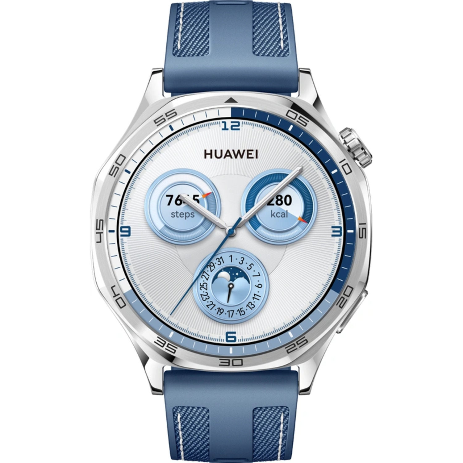 Smartwatch argentée avec bracelet bleu affiche des données.