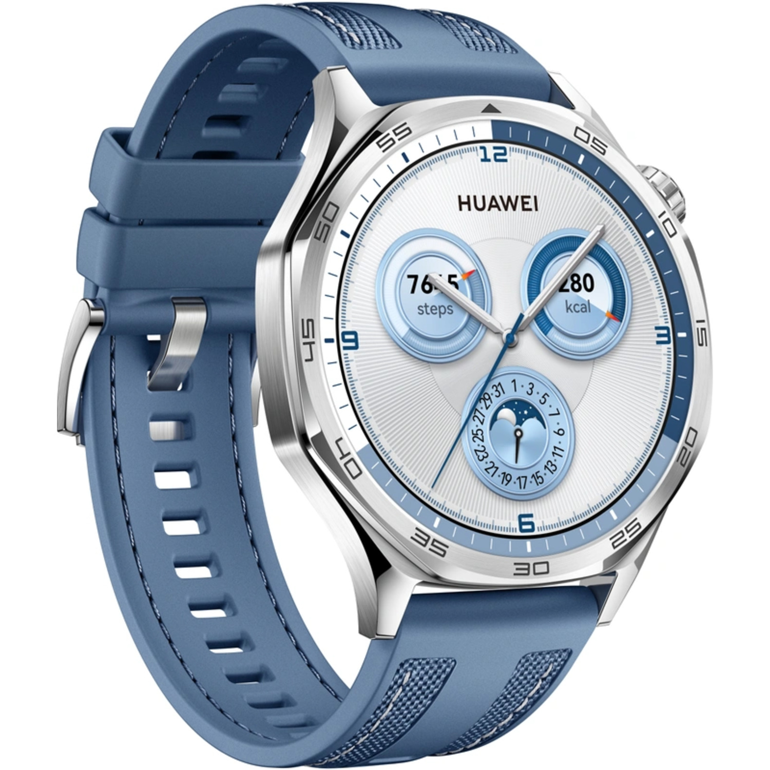 Montre connectée Huawei argent et bleu avec cadran blanc et bracelet bleu.