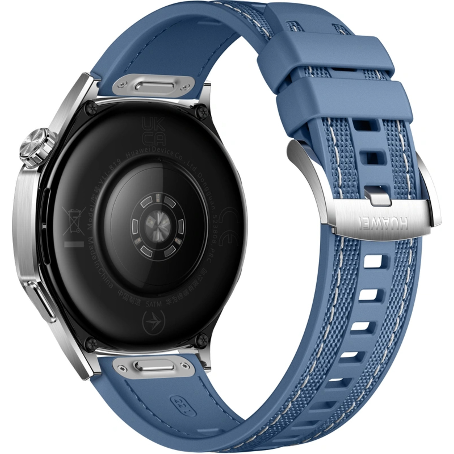 Vue arrière de la smartwatch, bracelet bleu. Bord et capteur argentés. Fond blanc.