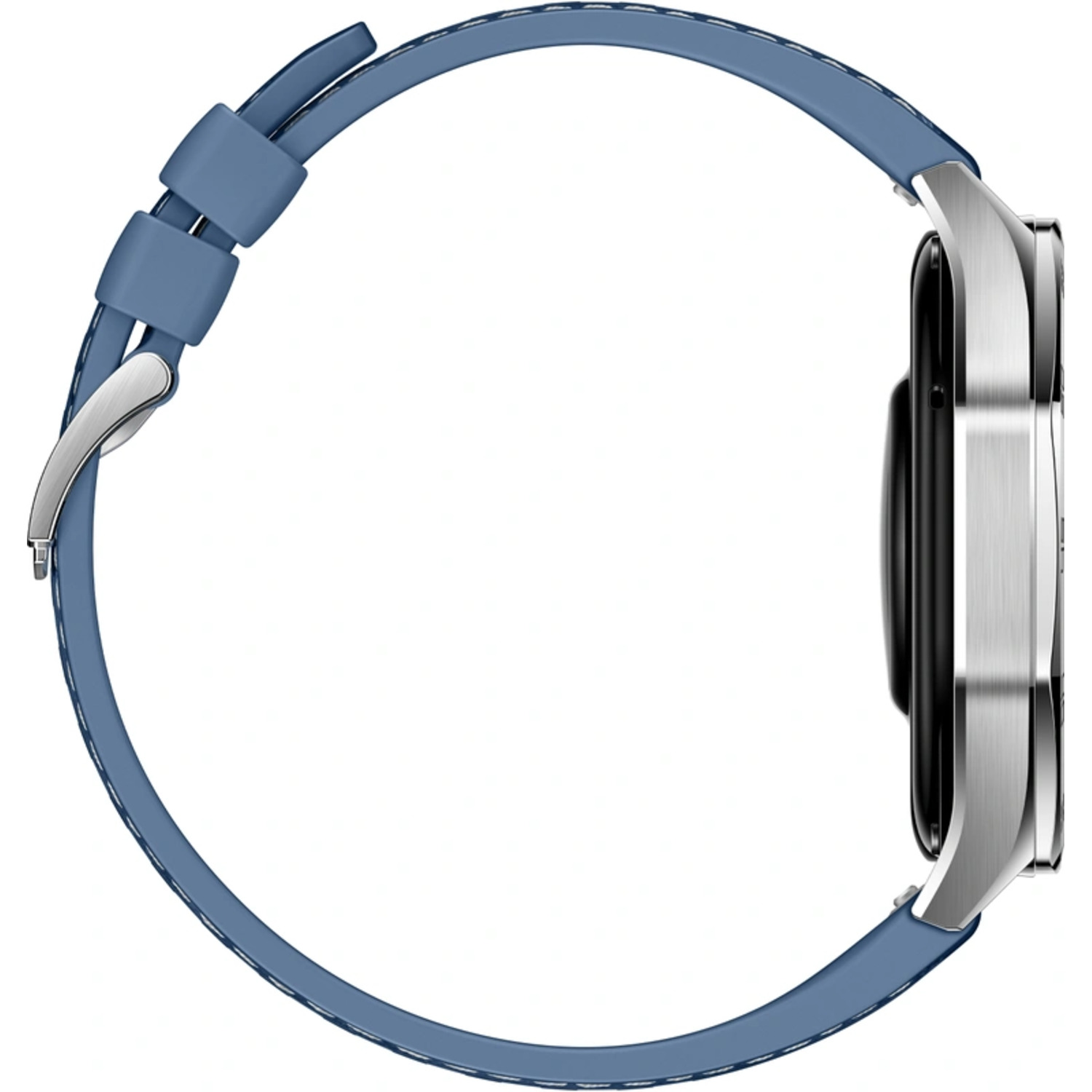 Vue latérale d'une montre connectée avec bracelet bleu et boîtier argenté.