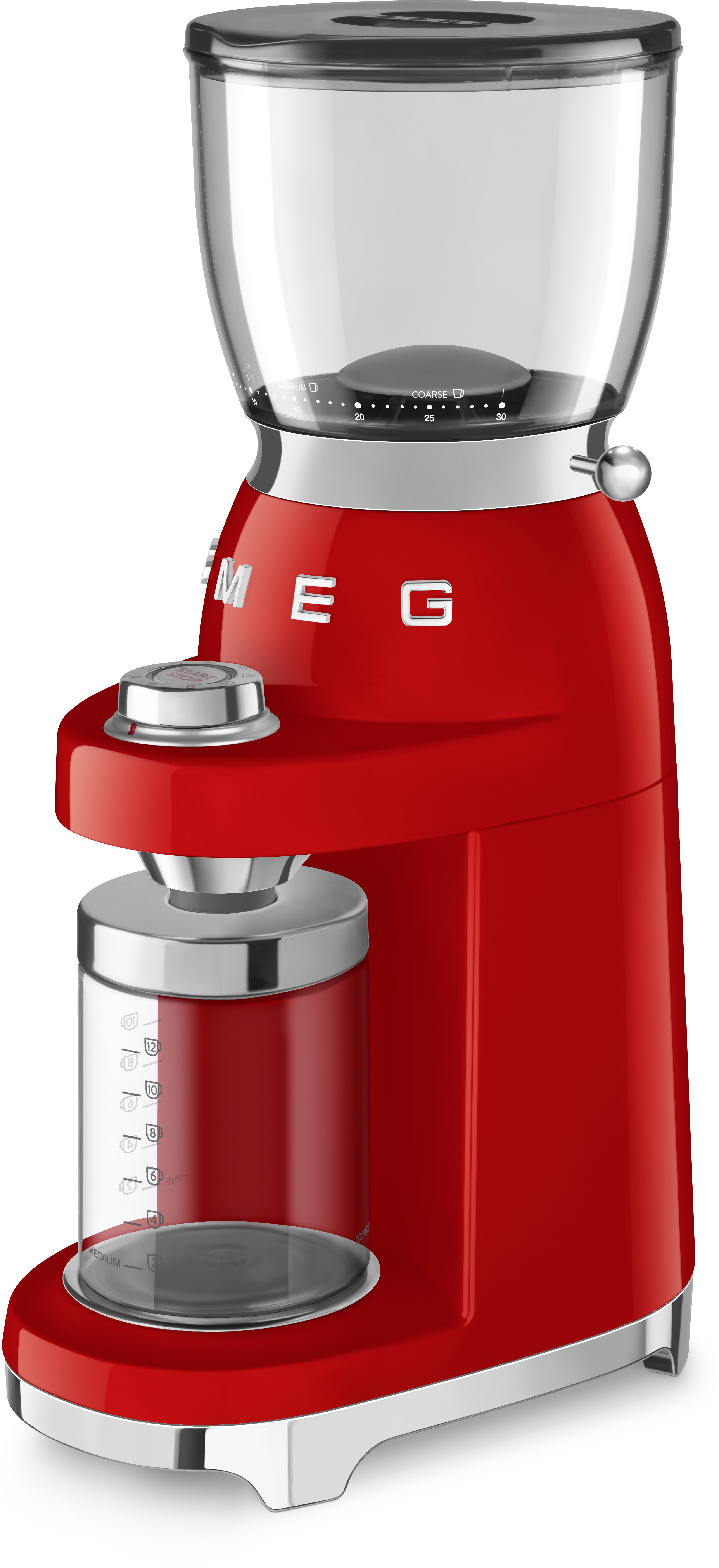 Eine rote Kaffeemühle mit einem transparenten Bohnenbehälter.