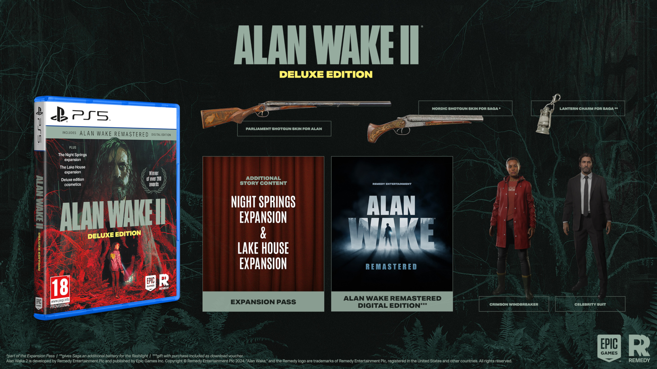 Egy Alan Wake II Deluxe Edition játékdoboz további játékelemekkel.