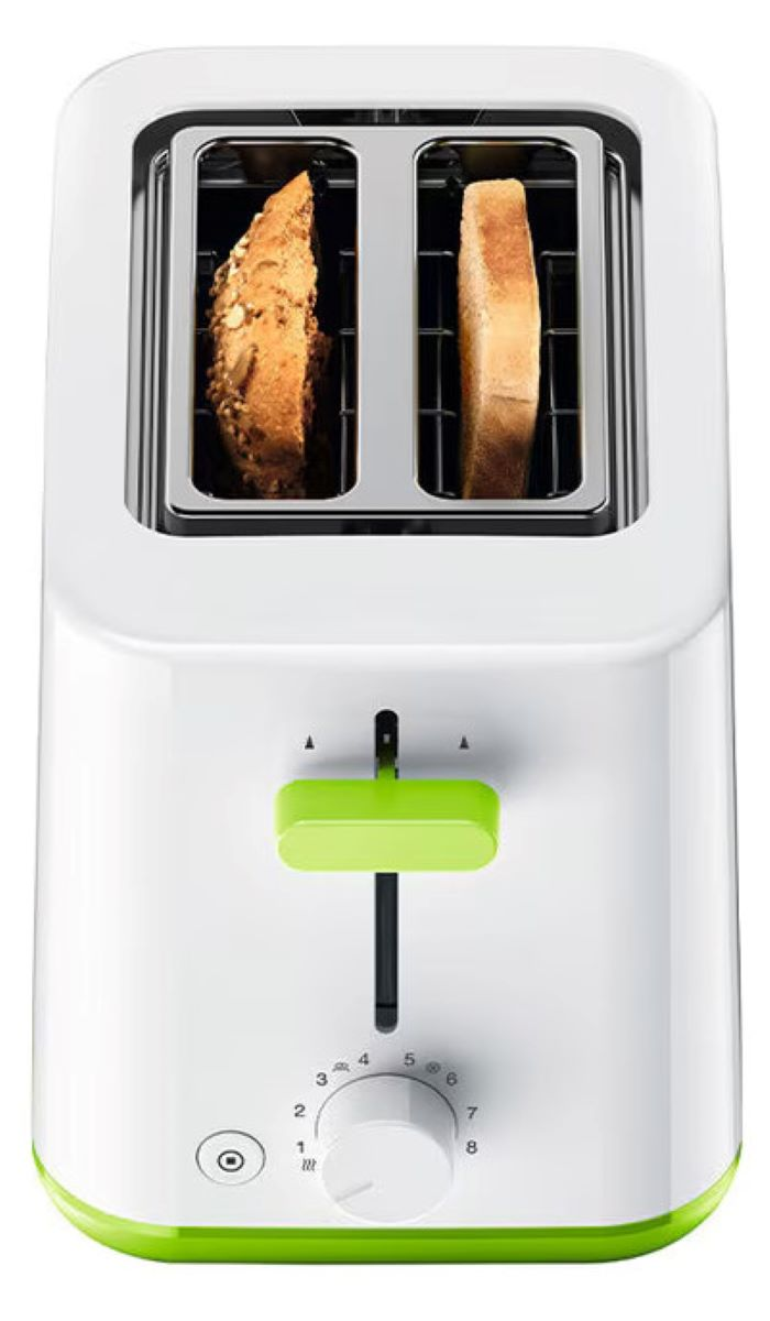Biały toster z dwoma otworami z tostami, zielonymi akcentami i pokrętłem sterowania.