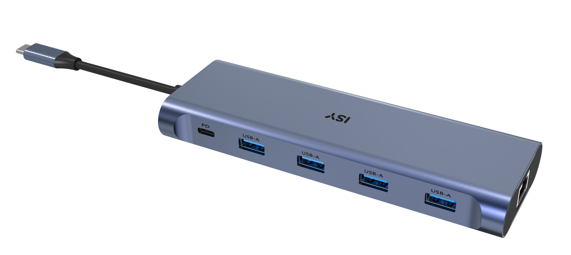 Niebiesko-szary hub USB z wieloma portami USB-A i złączem USB-C na czarnym tle.