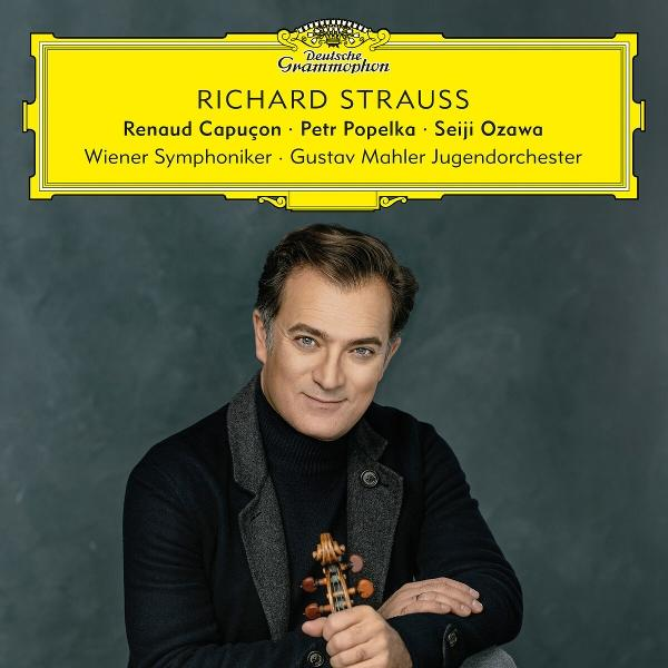 Albumcover von Richard Strauss mit Renaud Capuçon. Mann hält eine Violine, mit gelbem Hintergrund.