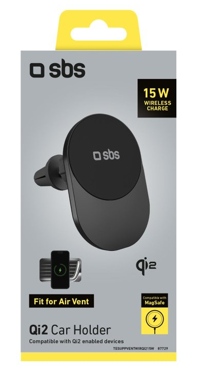Czarny uchwyt na telefon do wentylacji w samochodzie z logo sbs.