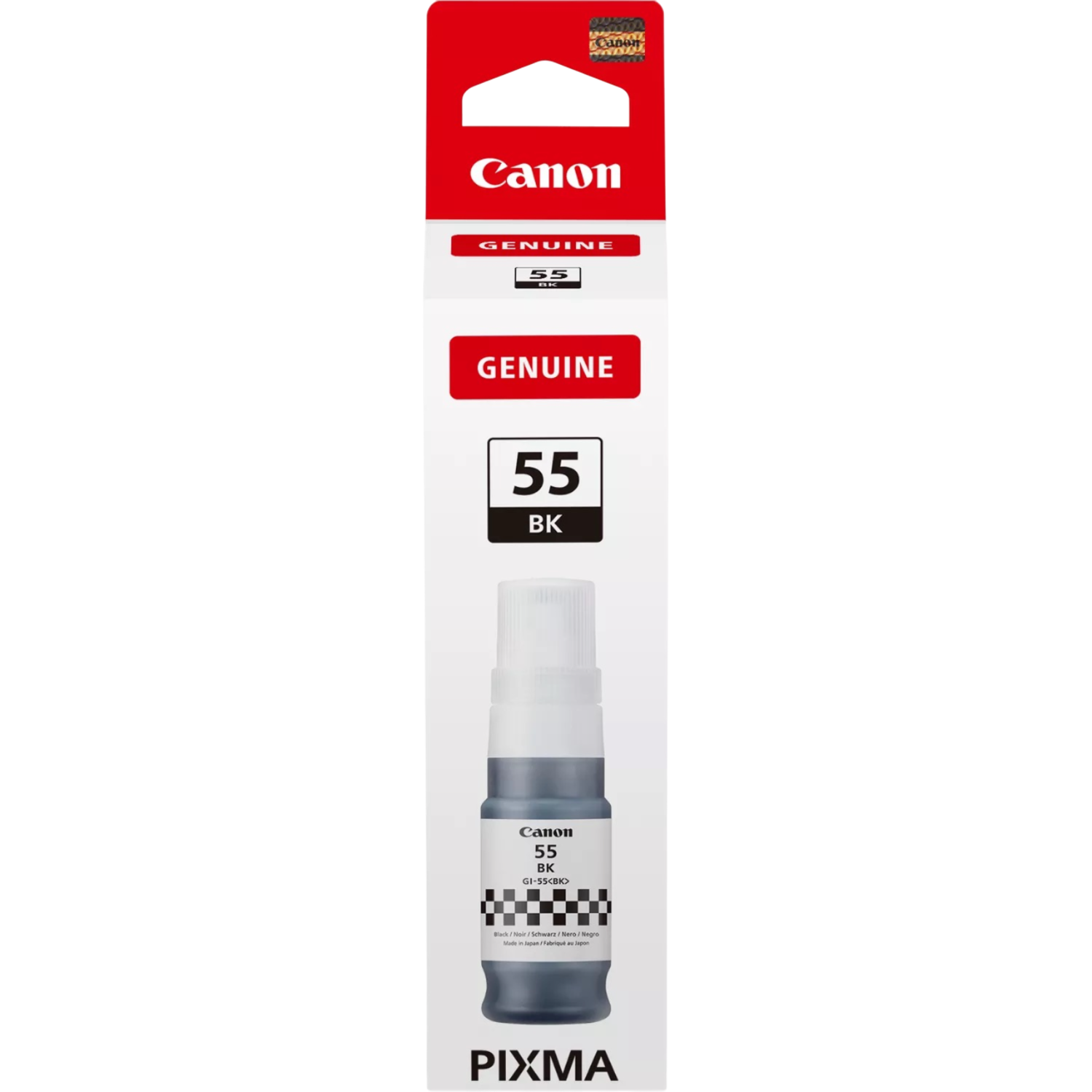 Een Canon inktcartridge doos, met een fles zwarte inkt erin, en het Canon logo bovenaan.