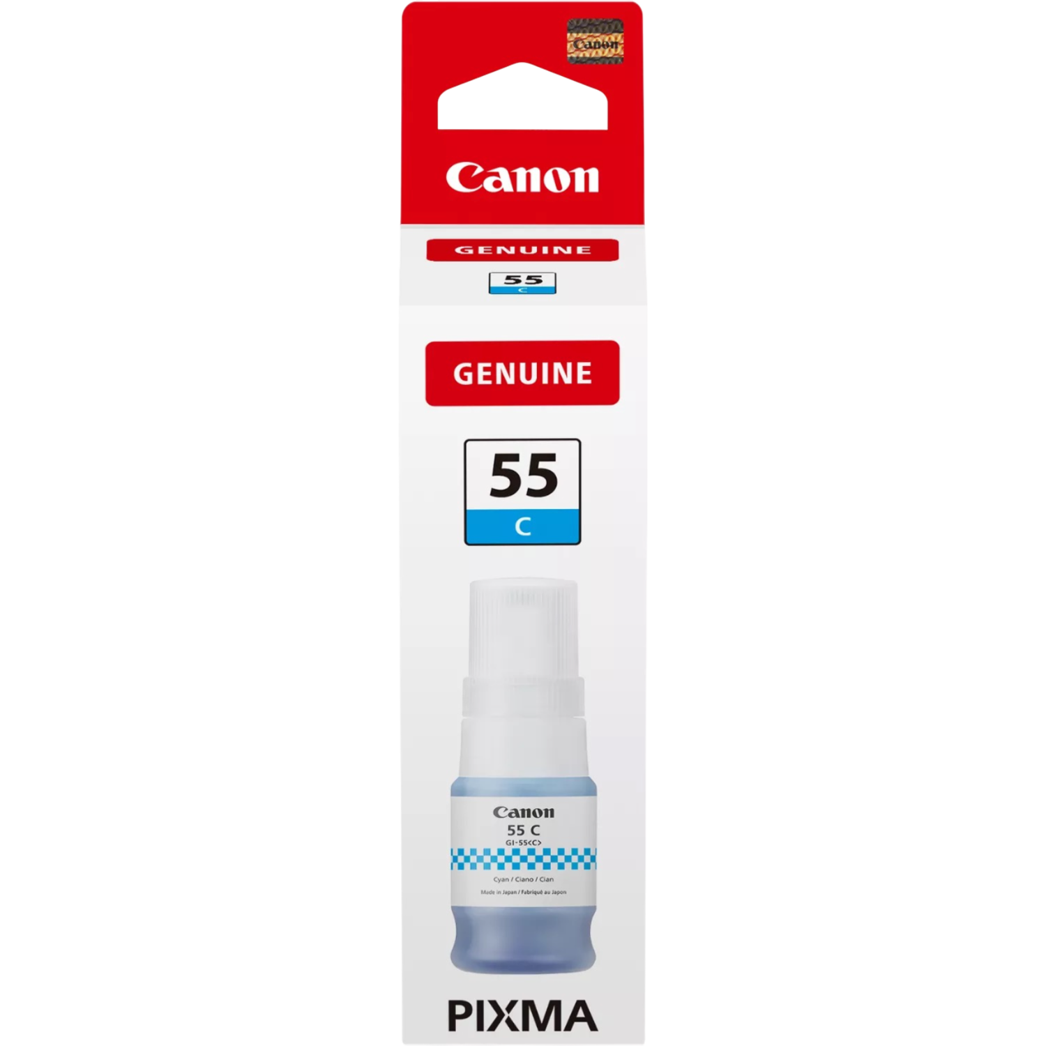 Canon inktcartridge, blauwe inkt, gemarkeerd 55 C, en het Canon logo.