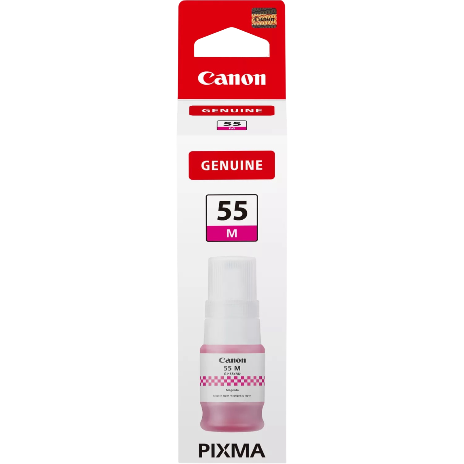 Roze Canon 55M inktcartridge in een doos. Tekst: Genuine, Canon, 55M, Pixma.