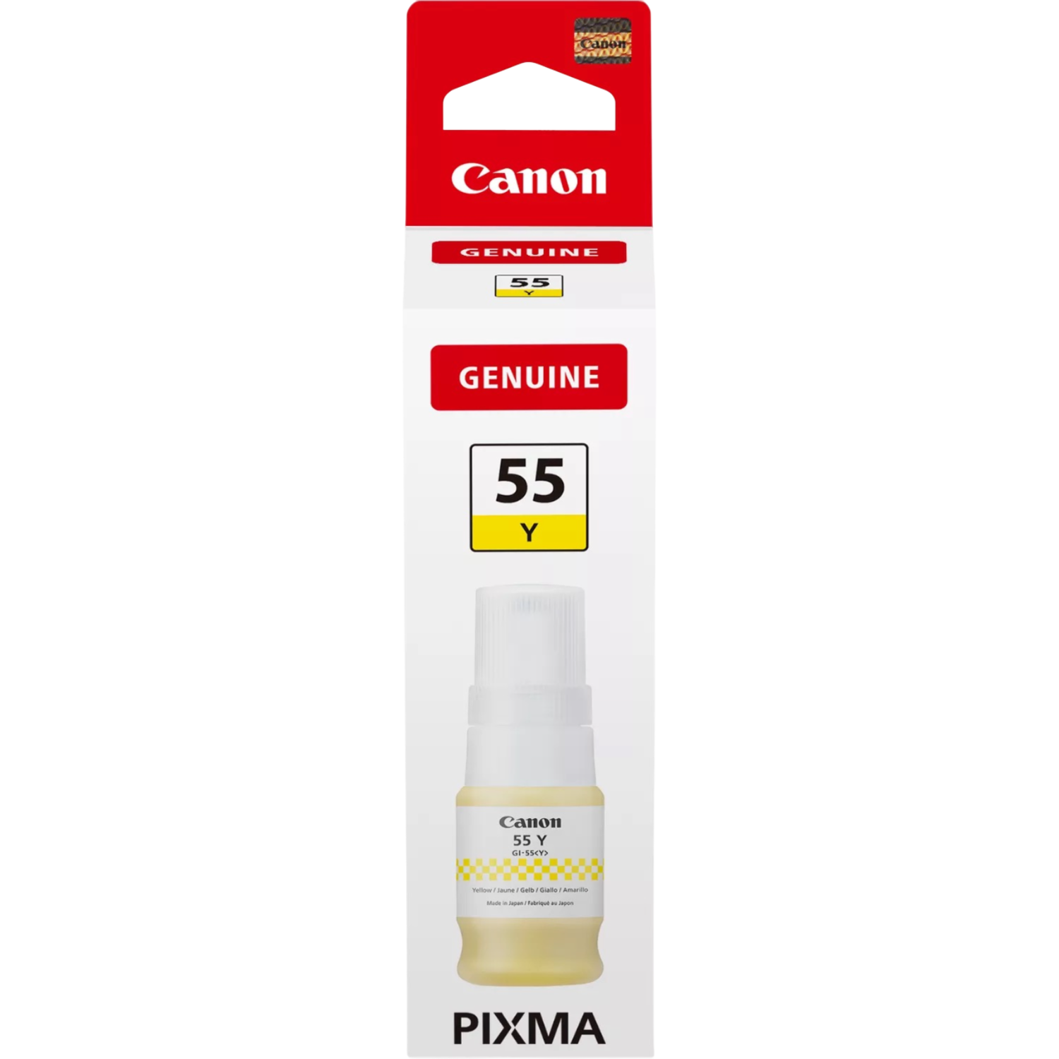 Canon 55 gele inktcartridge. De fles is geel met een witte dop, de verpakking is zwart en wit.