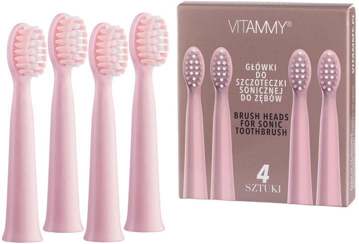 Różowe końcówki do szczoteczki i pudełko. Białe tło. Pudełko ma tekst po polsku.