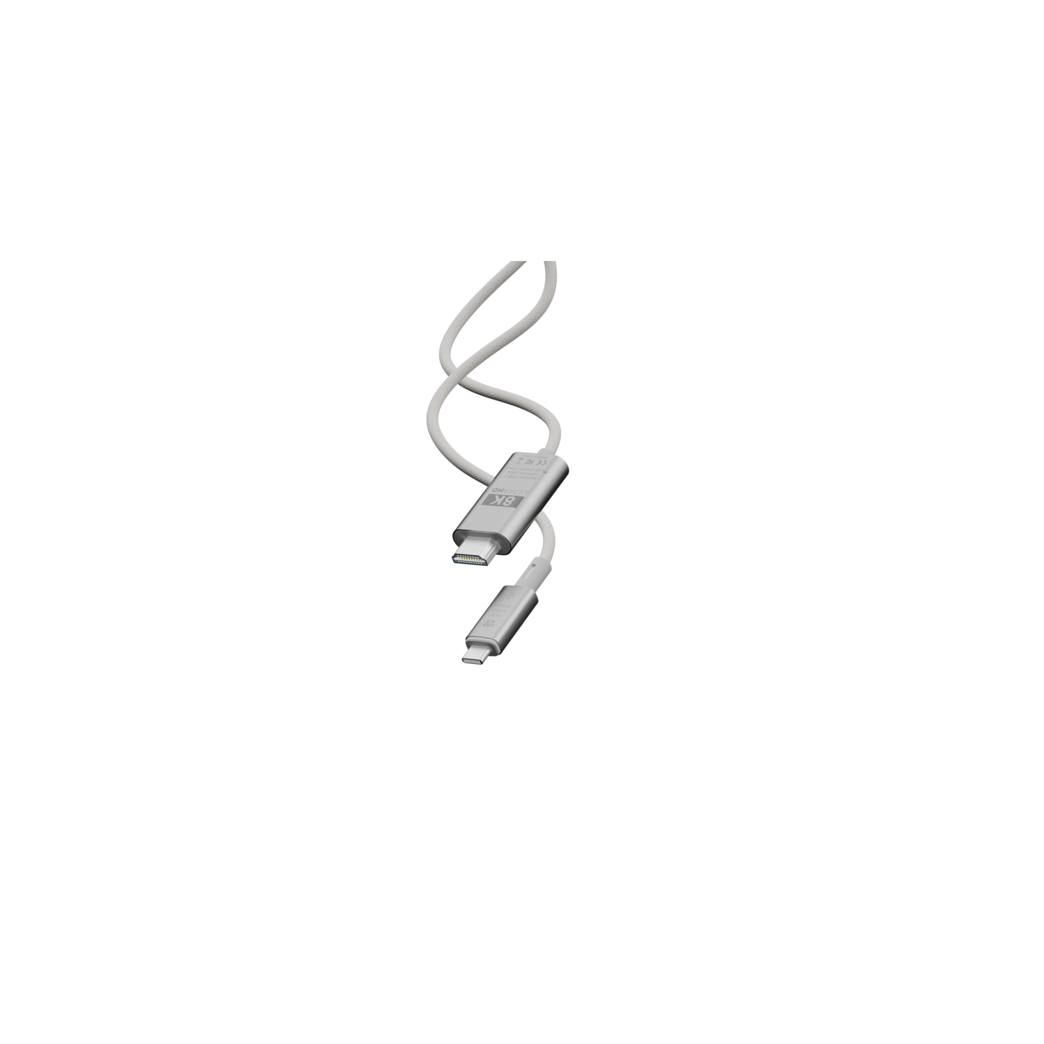 White and gray USB-C cable on black background. The cable has two ends.