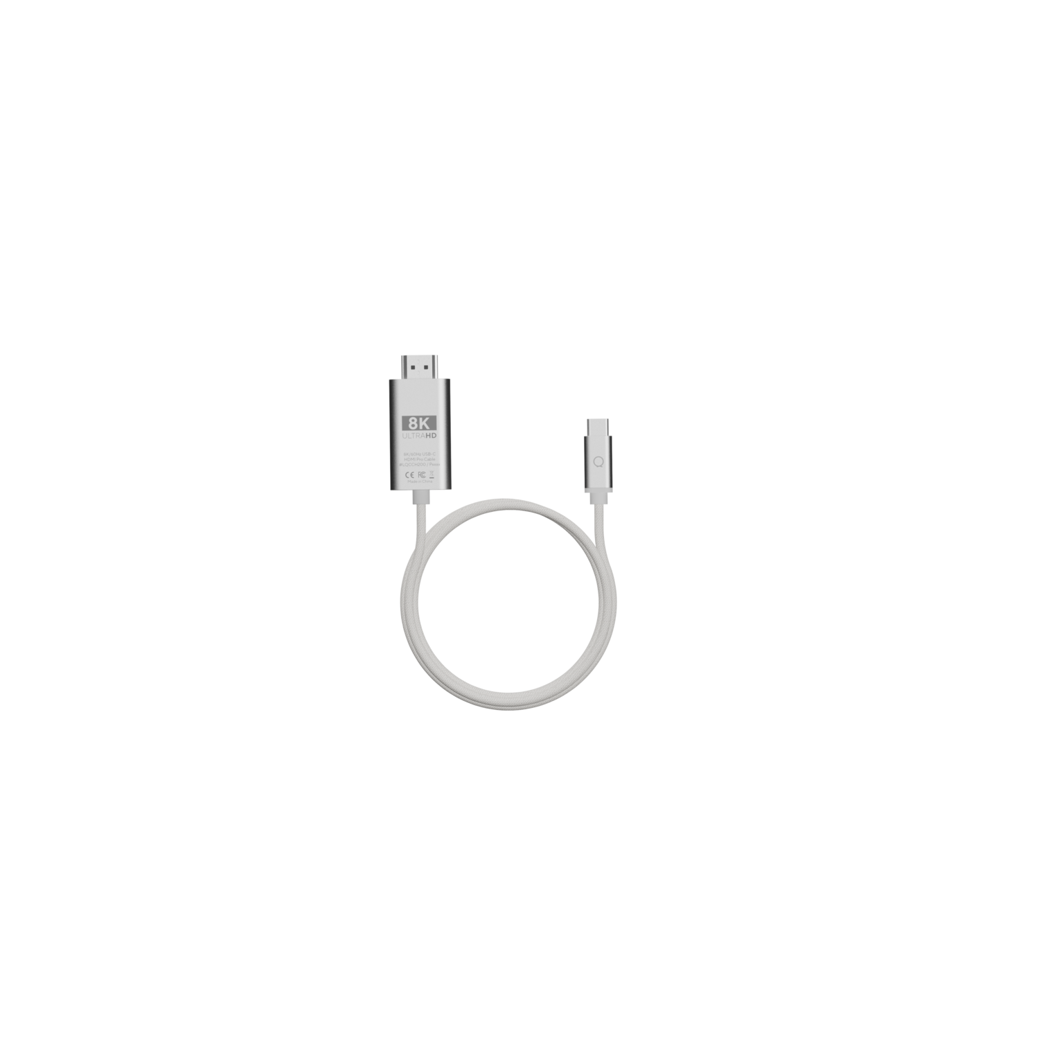 White 8K display port cable with connectors on black background. A circle shape is formed.