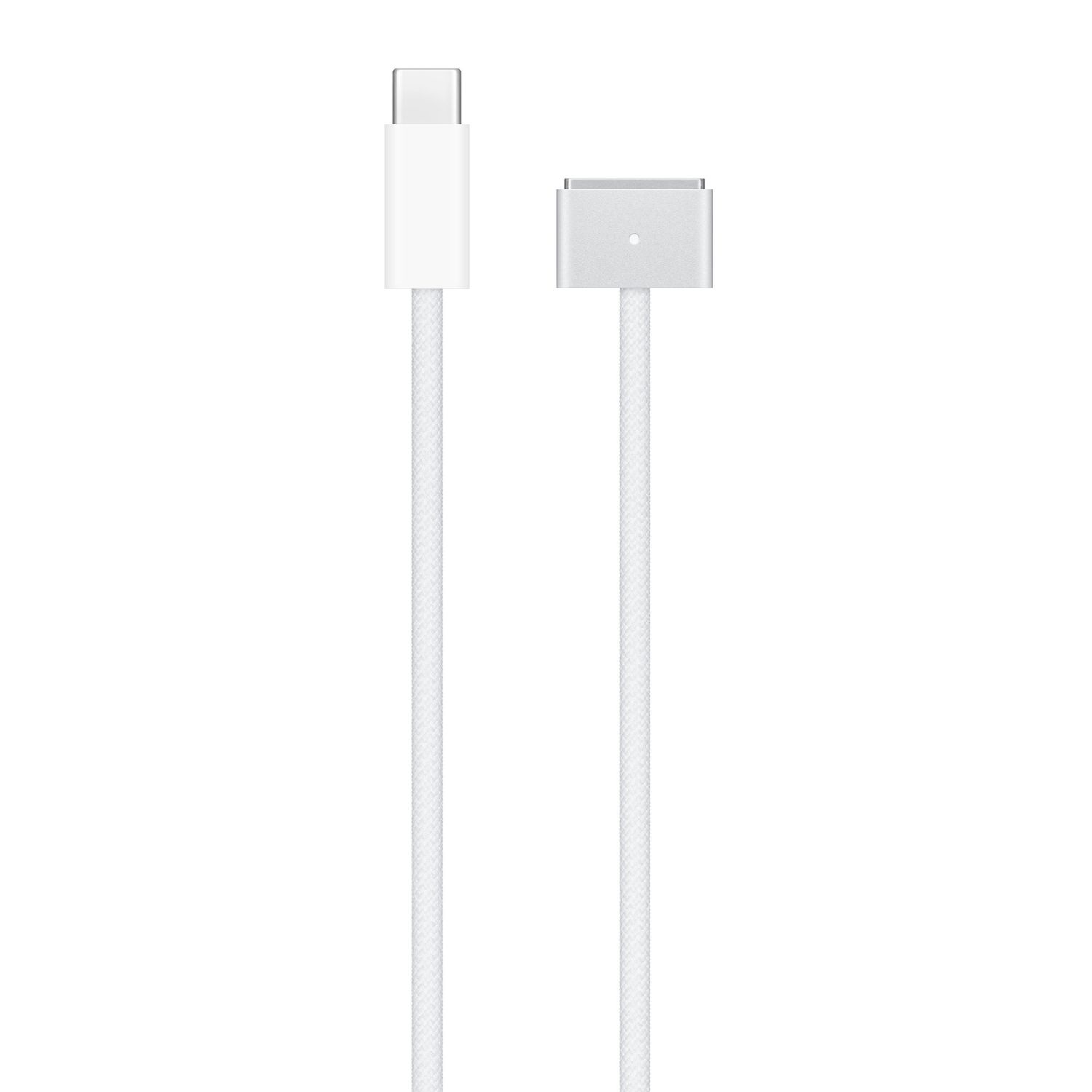 Weißes Apple-Ladekabel. USB-C-Anschluss und magnetischer Anschluss auf weißem Hintergrund. Geflochtenes weißes Kabel.