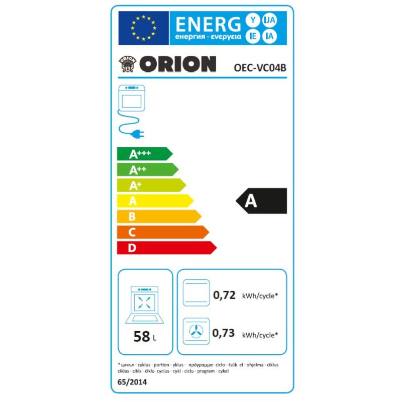 Orion készülék energia címkéje, energiahatékonysági információkkal és szimbólumokkal.