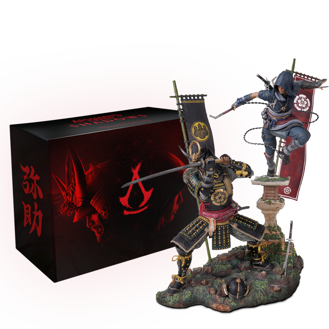 Actionfiguren aus dem Spiel. Zwei Figuren in Samurai-Rüstung und eine Box mit Logo.