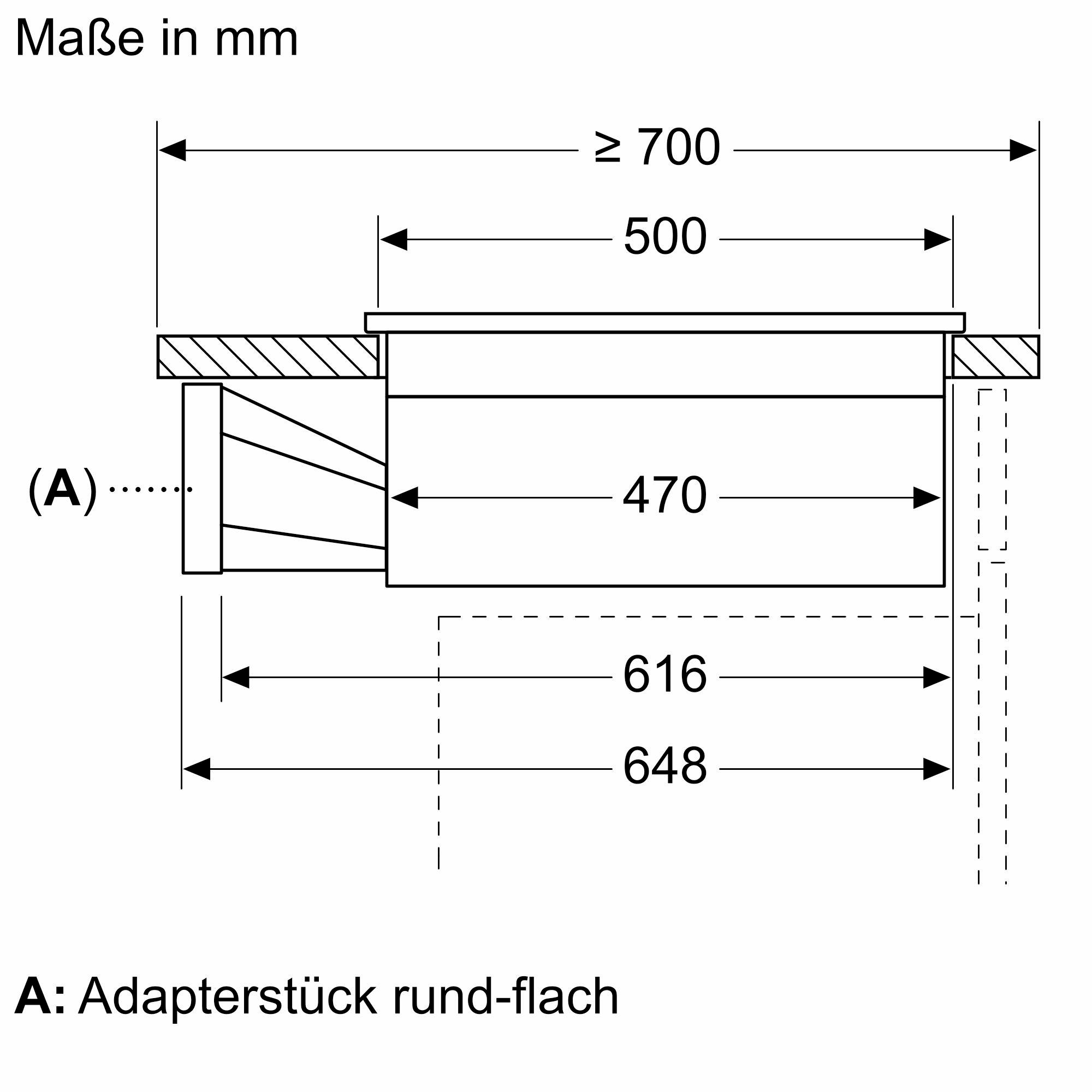 Diagramm einer Dunstabzugshaube, Abmessungen in mm.