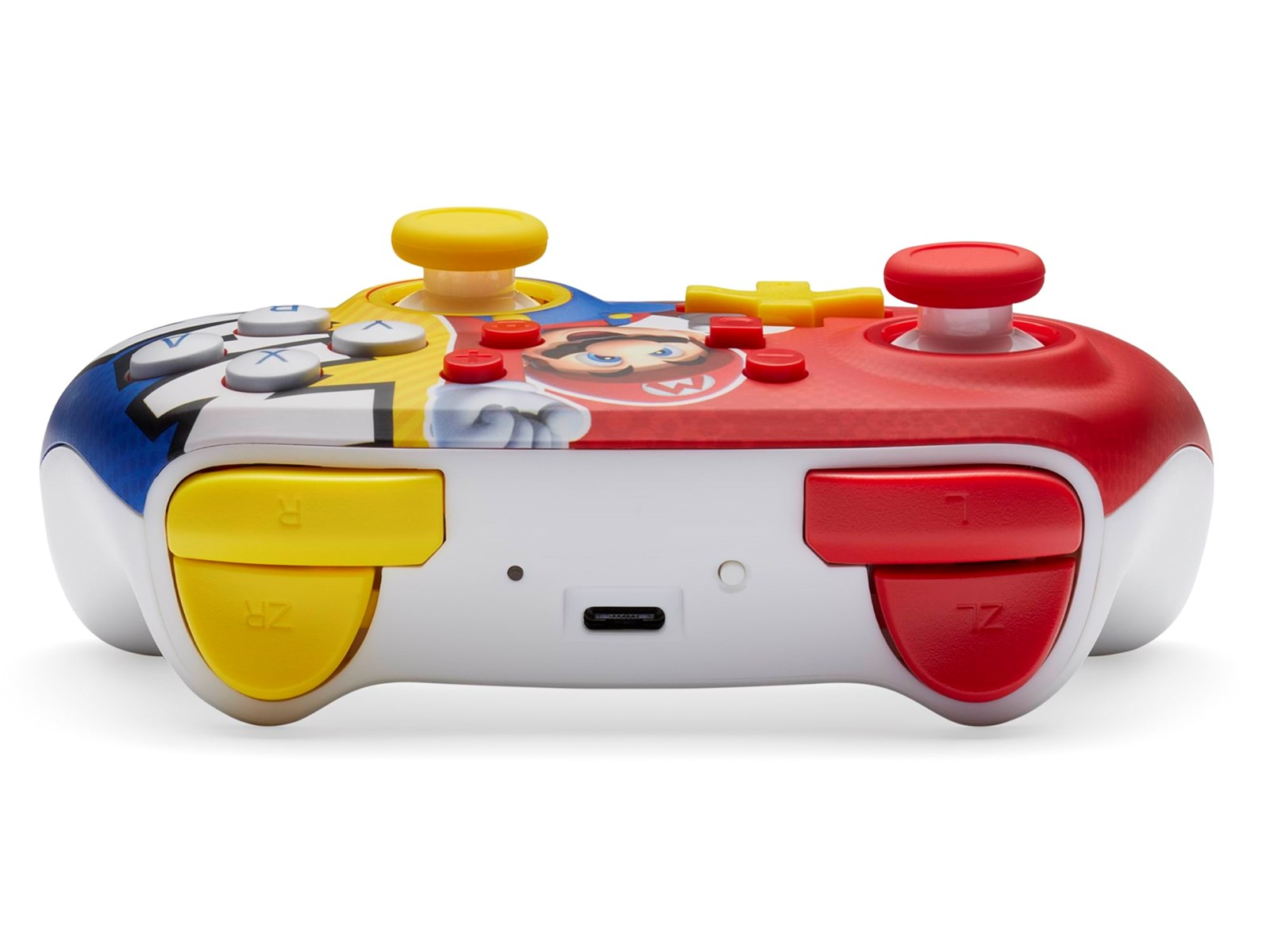 Kontroler Nintendo Switch w stylu Mario z żółtymi, czerwonymi i niebieskimi kolorami.