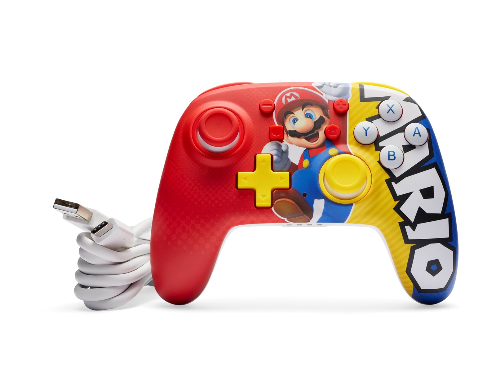 Czerwony, żółty i niebieski kontroler Switch z motywem Mario z białym kablem ładującym.