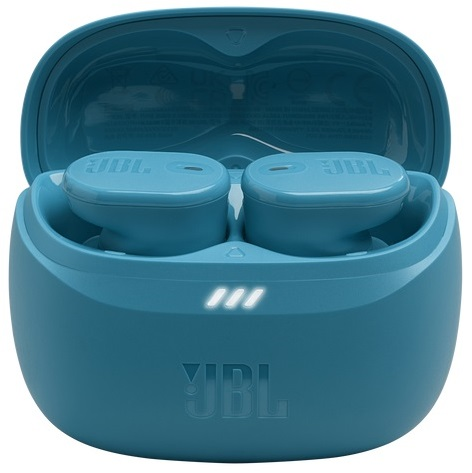 Turkusowe słuchawki w turkusowym etui ładującym. Trzy białe światła widoczne na etui.