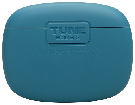 Turkusowe etui ładujące JBL Tune Buds 2 z tekstem na powierzchni.
