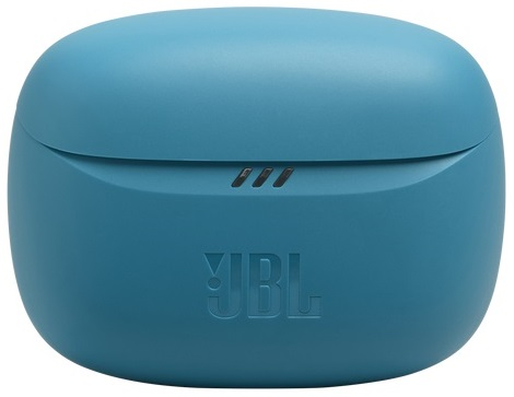 Turkusowe etui ładujące JBL Tune Buds 2 z logo JBL z przodu.