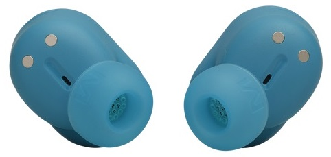 Dwa turkusowe słuchawki JBL, pokazujące wkładkę douszną i otwory głośnika.