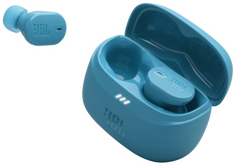 Niebieskie słuchawki JBL i ich etui ładujące, pokazujące słuchawki w środku.