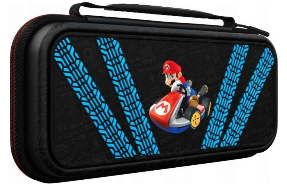 Czarny pokrowiec Nintendo Switch z Mario na gokarcie.