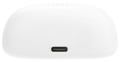 Białe, zaokrąglone etui ładujące z portem USB-C na dole. Etui jest zamknięte.