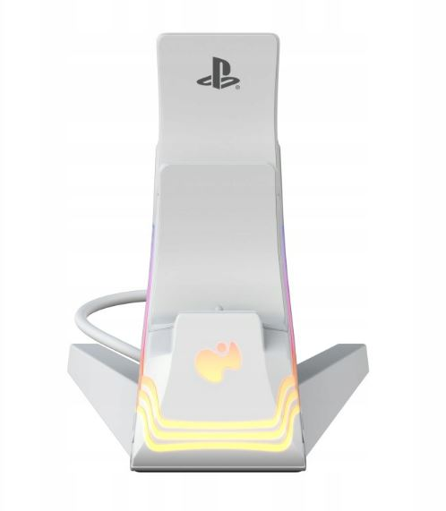 Biała podstawka do ładowania urządzeń do gier ze światłami i logo.
