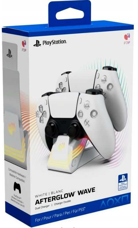Ładowarka podwójna PlayStation 5 z dwoma białymi kontrolerami w pudełku.