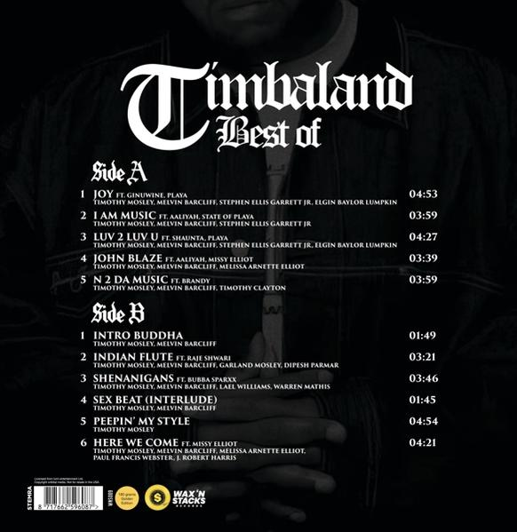 Pochette d'album avec liste des titres de 'Best of' de Timbaland. Fond sombre, texte blanc.