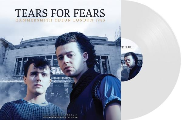 Pochette d'album pour Tears for Fears. Elle présente deux hommes devant un bâtiment et un vinyle blanc.