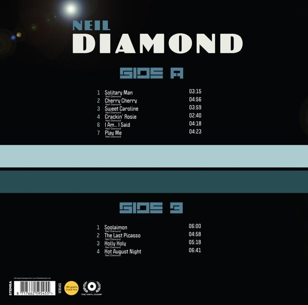 Verso du vinyle avec une liste des morceaux de Neil Diamond, face A et face B.