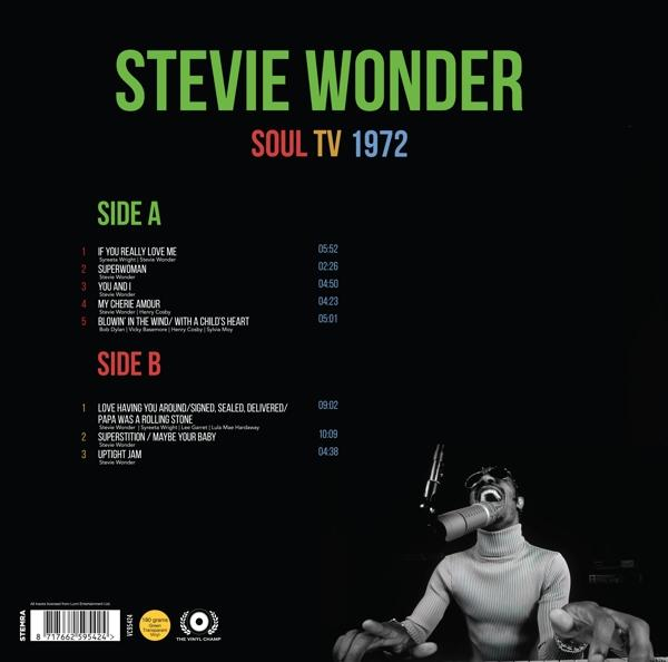 Pochette de l'album 'Soul TV 1972' de Stevie Wonder avec liste des titres et photo de Stevie.