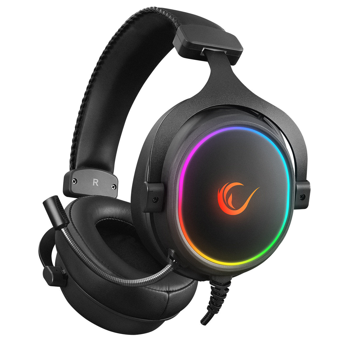 Kulaklık çevresinde renkli RGB ışıkları olan siyah oyun kulaklığı. Bir mikrofonu var.