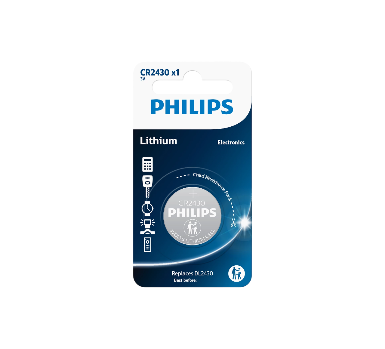 Bir Philips CR2430 lityum düğme pil paketi.