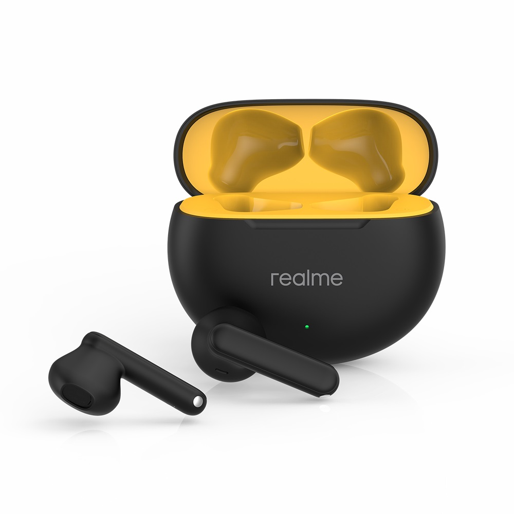 Şarj kutusunda kulaklıklar, realme logosuyla.