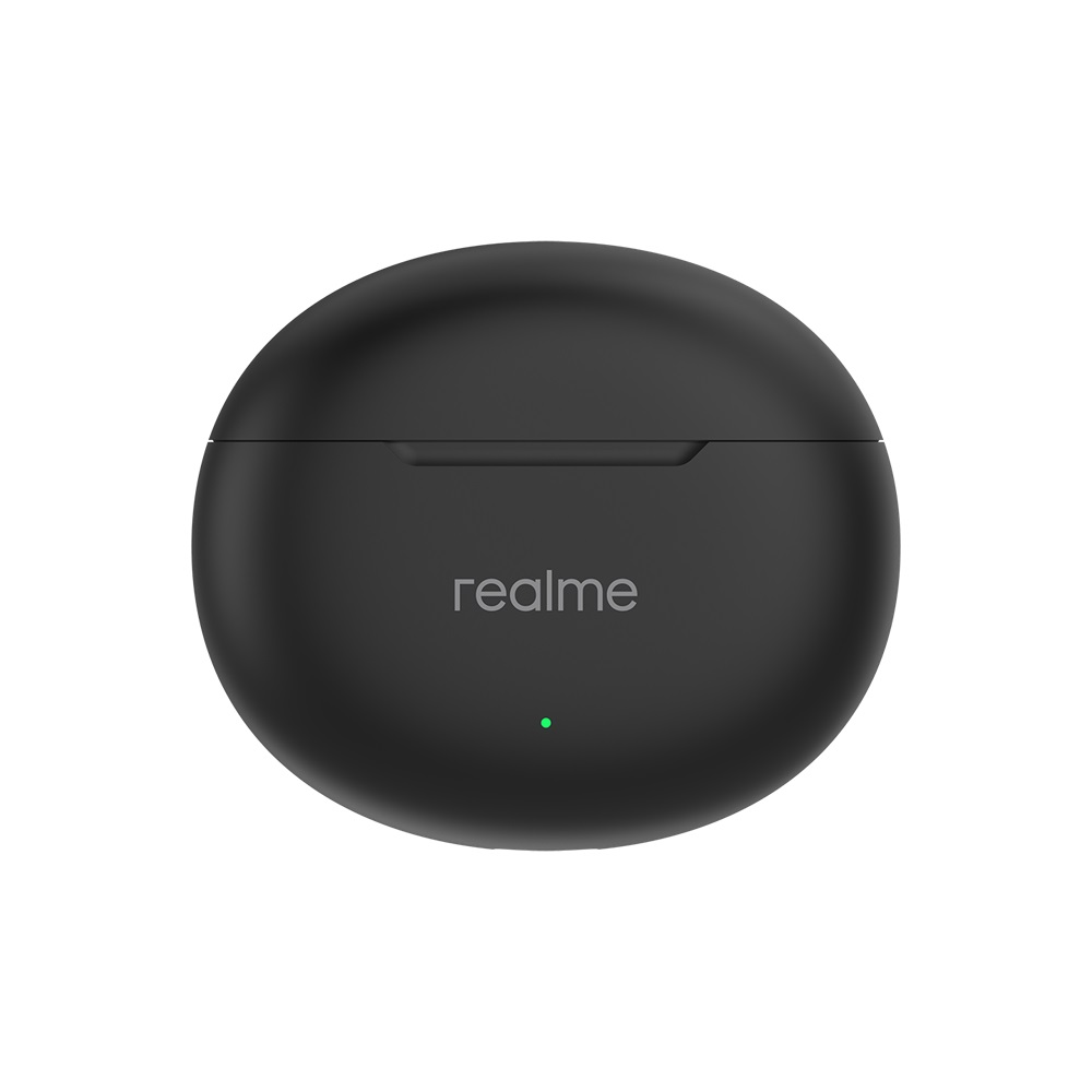Yeşil göstergeli siyah realme şarj kutusu.