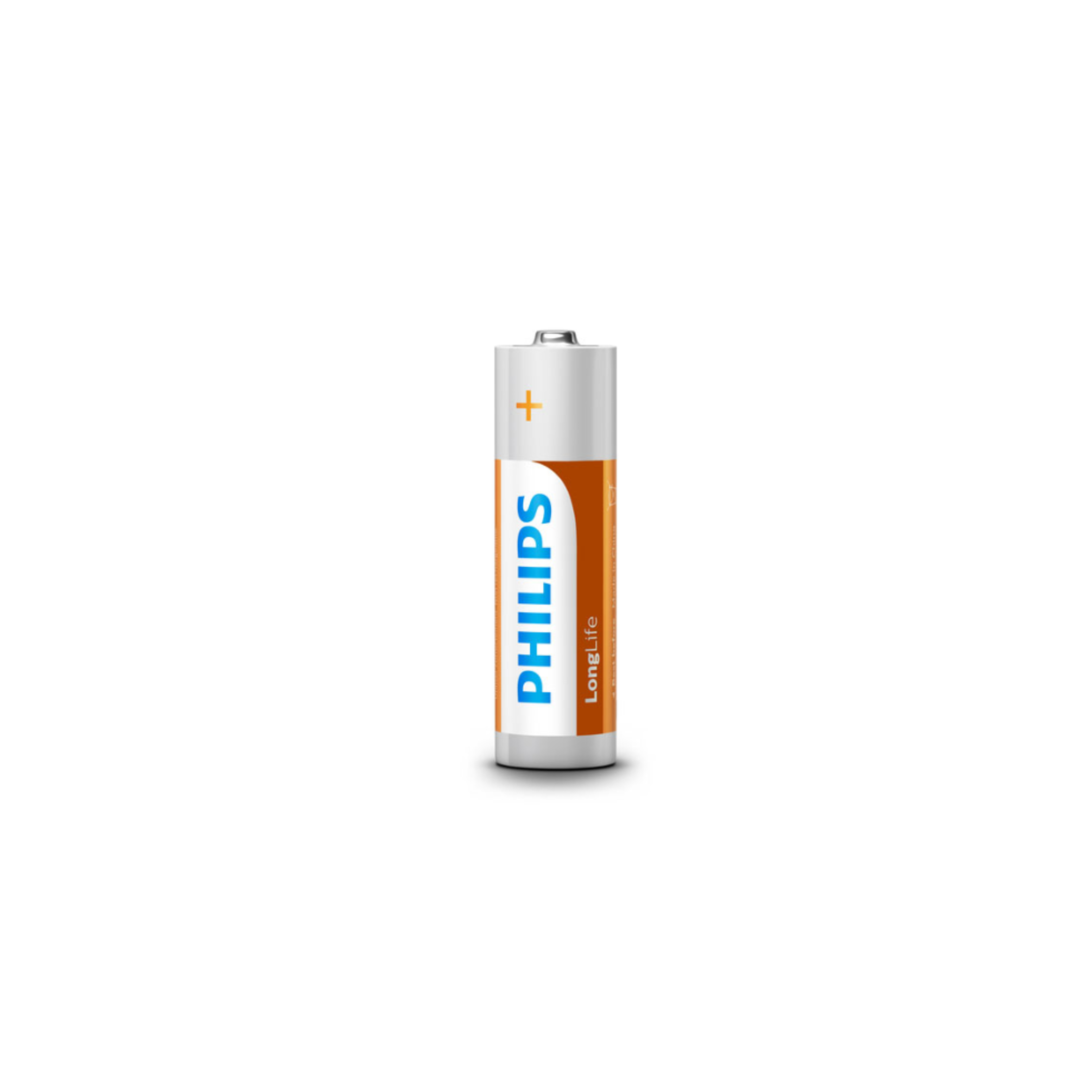 Beyaz ve turuncu Philips LongLife AA pil. Üstte artı işareti. Beyaz arka plan üzerinde izole edilmiş.