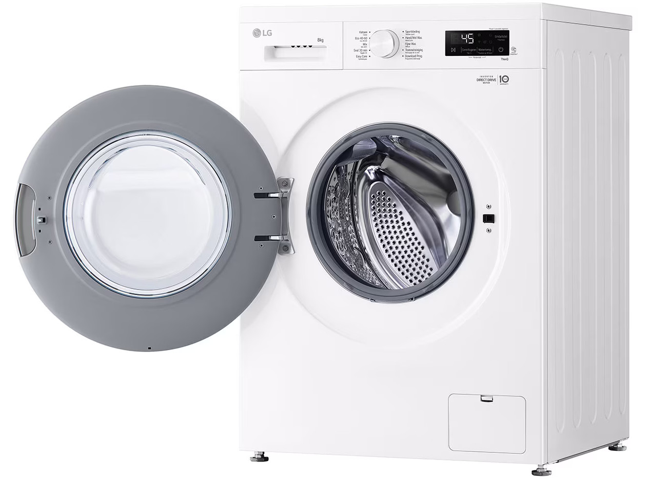 Biała pralka LG z otwartymi drzwiami, pokazująca bęben.