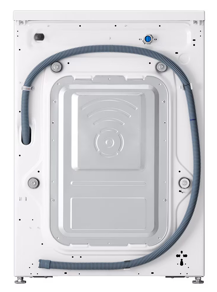 Biała pralka LG, widok z tyłu z wężem.