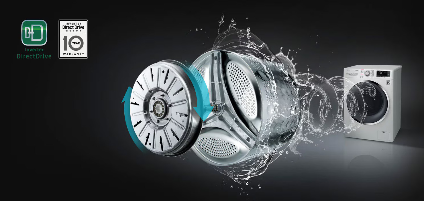 Pralka z widokiem z rozstrzałem, rozpryskami wody i logo.