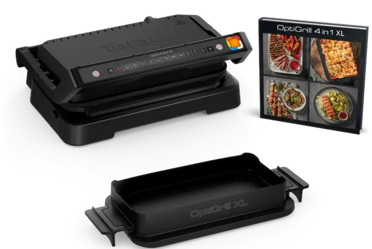Czarny Tefal OptiGrill z akcesoriami i książką kucharską.