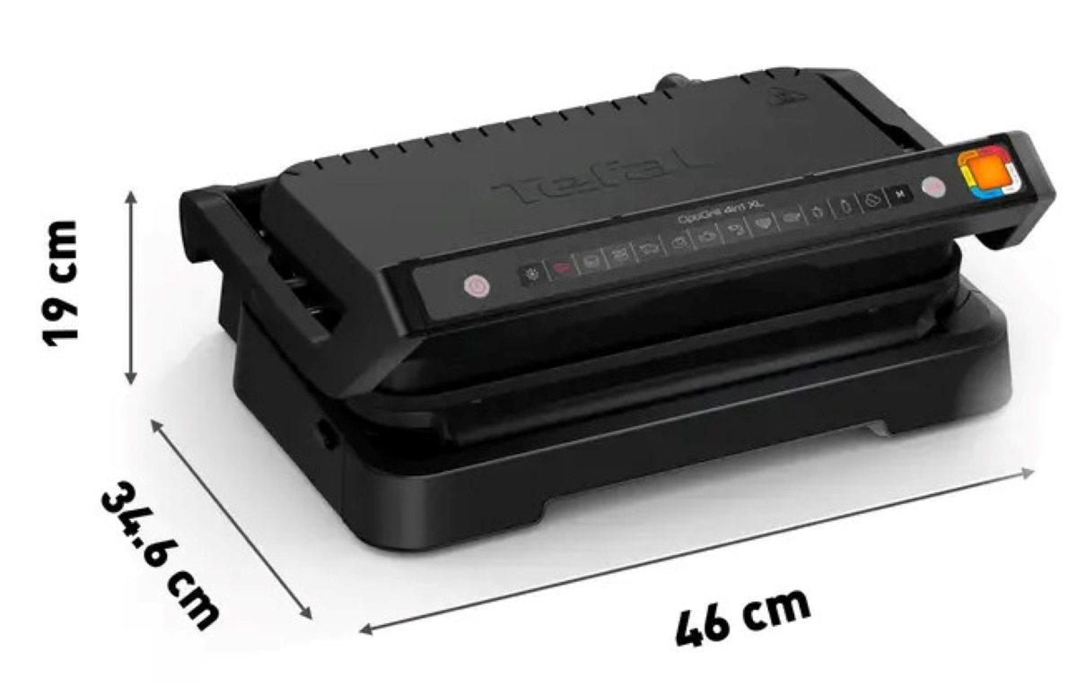 Czarny Tefal OptiGrill z wymiarami: 46cm x 34,6cm x 19cm.