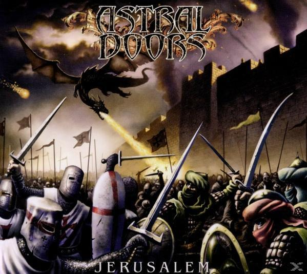 Albumcover-Kunst mit einer Kampfszene, Kriegern mit Schwertern, einem Drachen und brennenden Gebäuden.